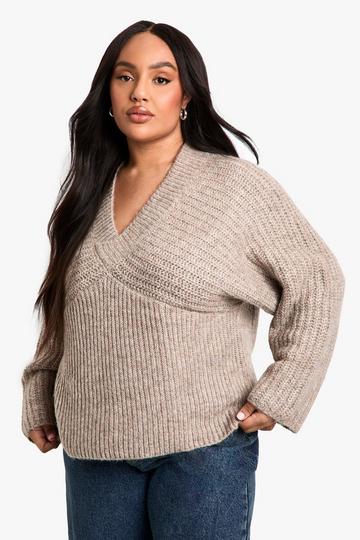 Plus Chunky Rib V Neck Wide Sleeve Jumper taupe