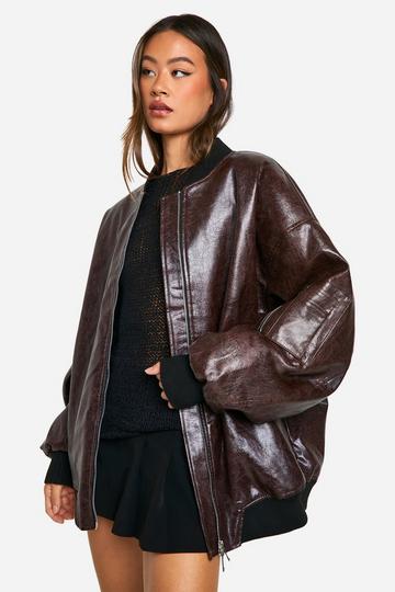 Brown Tall Cracked Faux Leather Oversized Bomber Jacket