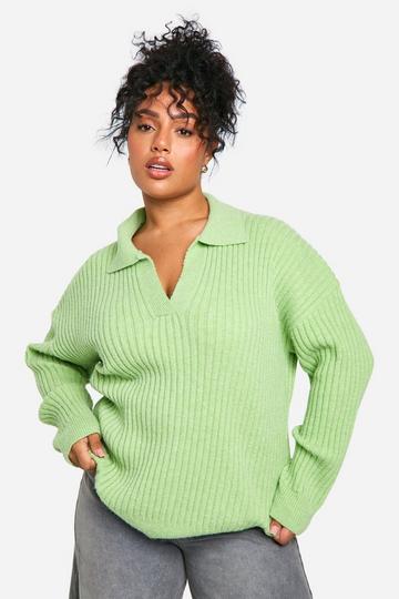 Plus Soft Wide Rib Knit Collared Jumper green