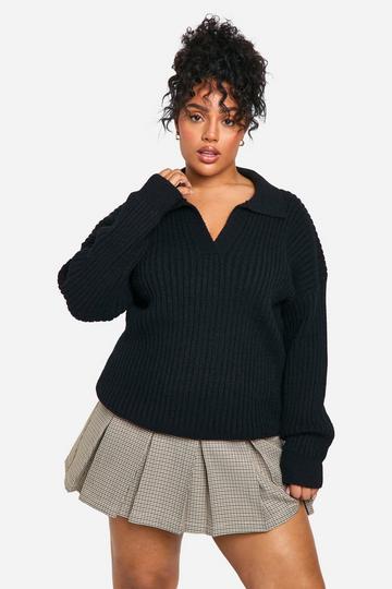 Black Plus Soft Wide Rib Knit Collared Sweater