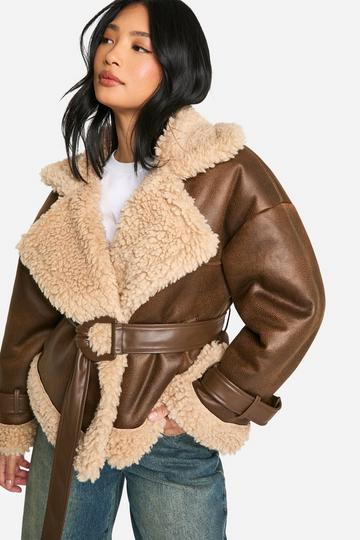 Petite Belted Luxe Teddy Trim Jacket brown