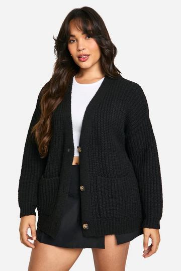 Black Plus Oversized Soft Knit Chunky Boyfriend Cardigan