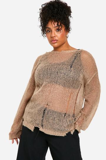 Plus Sheer Distressed Oversized Lightweight Jumper taupe