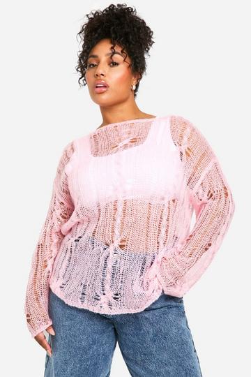 Plus Cable Detail Sheer Oversized Jumper pink