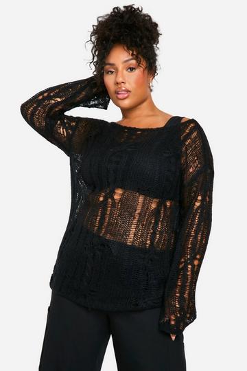 Plus Cable Detail Sheer Oversized Jumper black