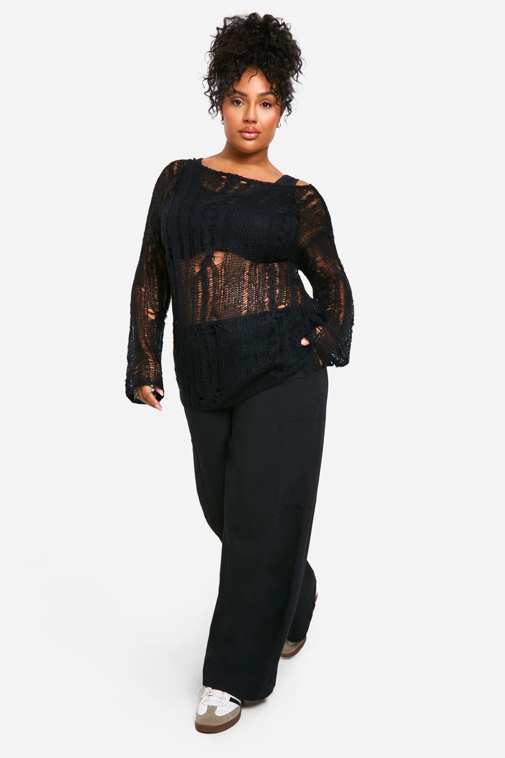 boohoo Plus Cable Detail Sheer Oversized Sweater Black Size 12 14