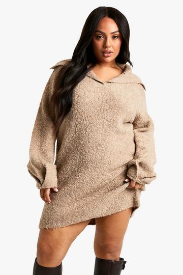 Plus Borg Oversized Collar Detail Mini Dress camel