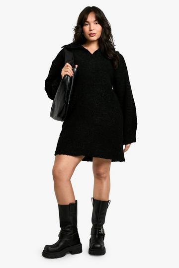 Black Plus Borg Oversized Collar Detail Mini Dress