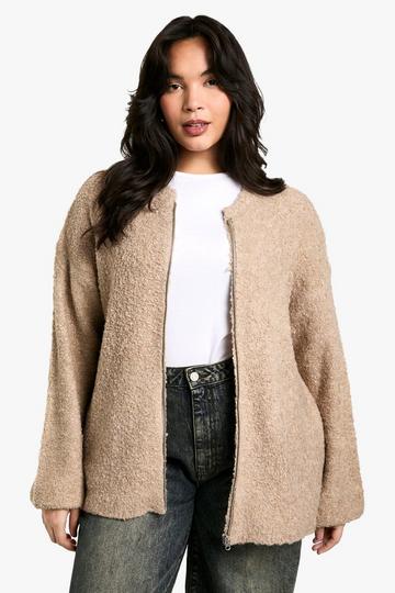 Plus Borg Knitted Oversized Bomber Jacket camel