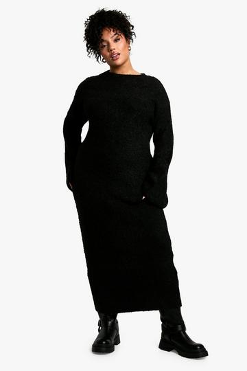 Plus Borg Flare Sleeve Knitted Maxi Dress black