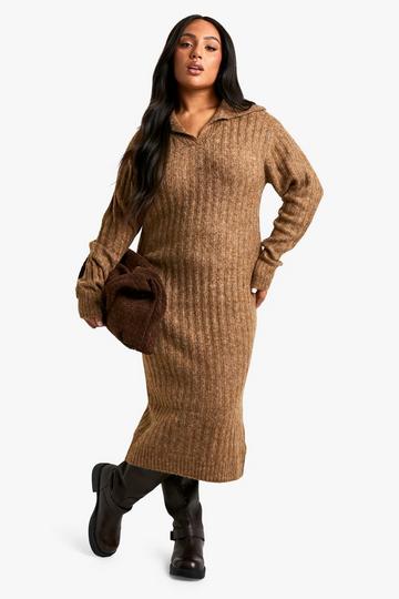 Plus Soft Knit Thick Rib Collar Detail Maxi Dress camel