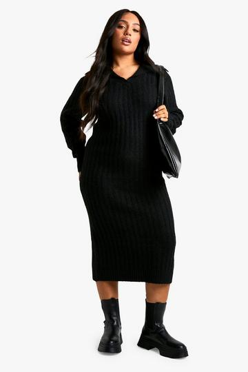 Plus Soft Knit Thick Rib Collar Detail Maxi Dress black