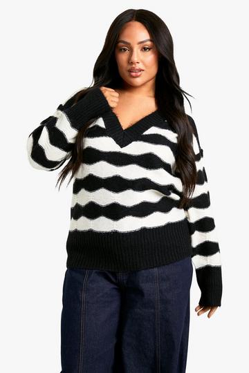 Black V Neck Strip Oversized Knitted Sweater