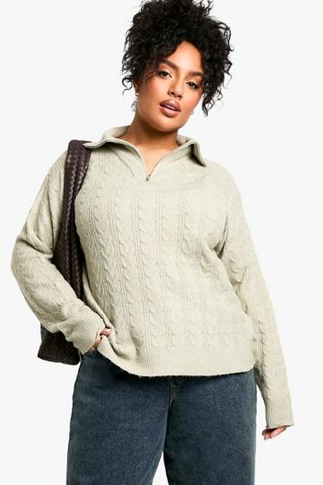 Stone Beige Plus Soft Cable Funnel Neck Jumper