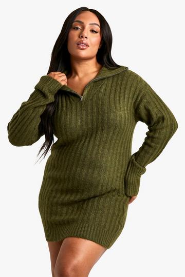 Plus Soft Knit Thick Rib Zip Neck Oversized Mini Dress khaki