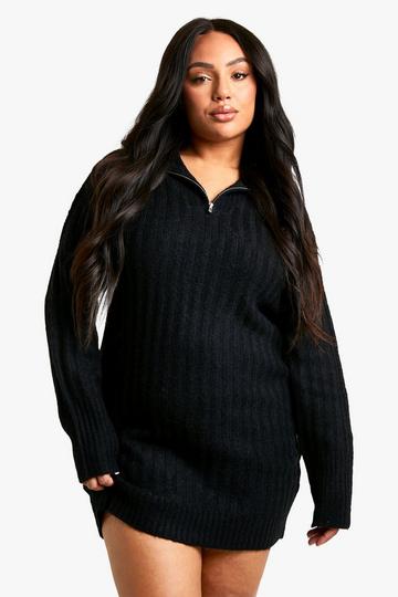 Plus Soft Knit Thick Rib Zip Neck Oversized Mini Dress black