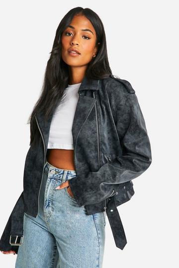 Tall Vintage Look Faux Leather Biker Jacket grey