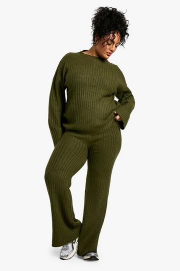 Plus Soft Knit Thick Rib Crew Neck Oversized Jumper And Knitted Pants Set khaki