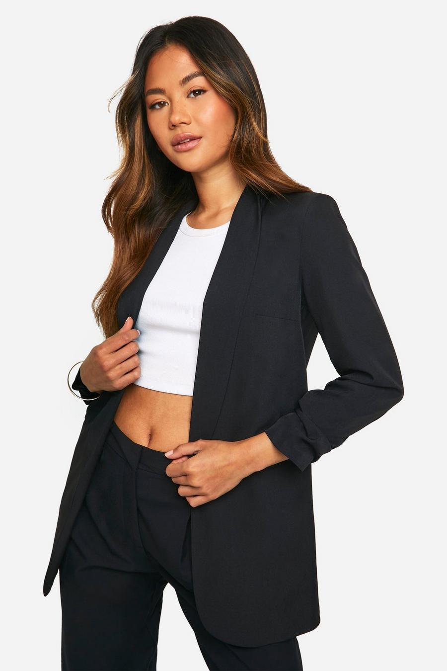 Black Linen Look Ruched Sleeve Tailored Blazer image number 1