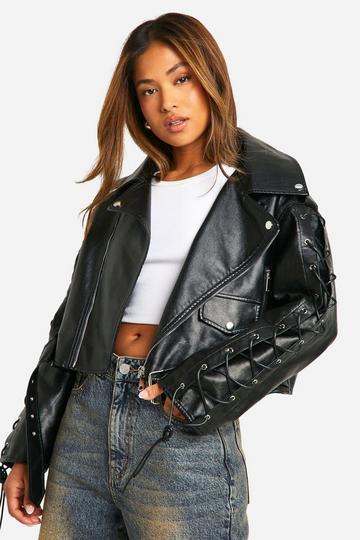 Petite Oversized Nepleren Biker Jas Met Veters black