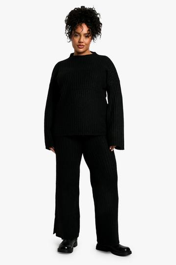 Plus Zachte Gebreide Dik Geribbelde Oversized Trui Met Crewneck En Gebreide Broek Set black