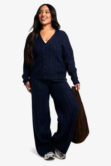 Plus Soft Knit Thick Ribbed Cardigan And Wide Leg Pants Set navy