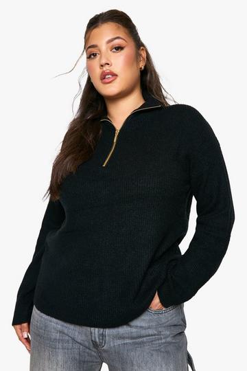 Plus Soft Rib Knit Half Zip Collar Jumper black