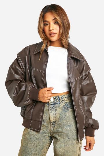 Petite Pu Contrast Stitch Oversized Bomber Jacket chocolate