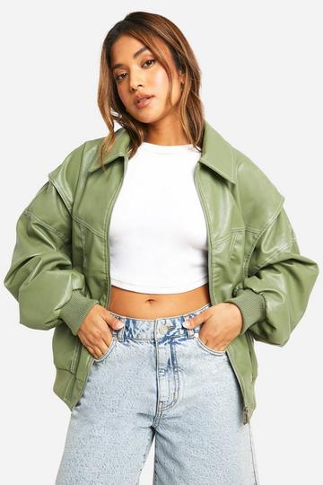 Petite Pu Contrast Stitch Oversized Bomber Jacket olive