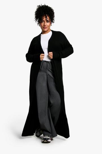 Black Plus Soft Rib Knit Longlie Maxi Edge To Edge Cardigan