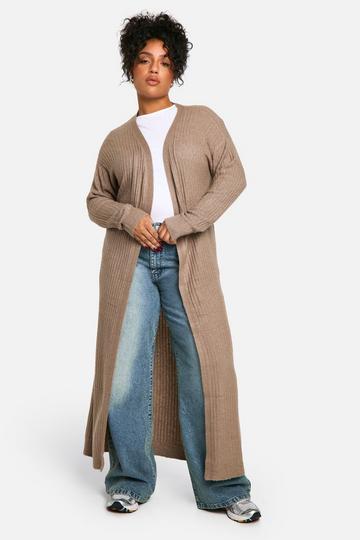 Plus Soft Rib Knit Longline Maxi Edge To Edge Cardigan taupe