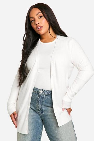 Plus Soft Rib Knit Slouchy Boyfriend Cardigan ecru