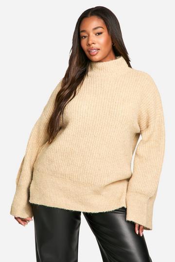 Plus Oversized High Neck Knitted Sweater oatmeal