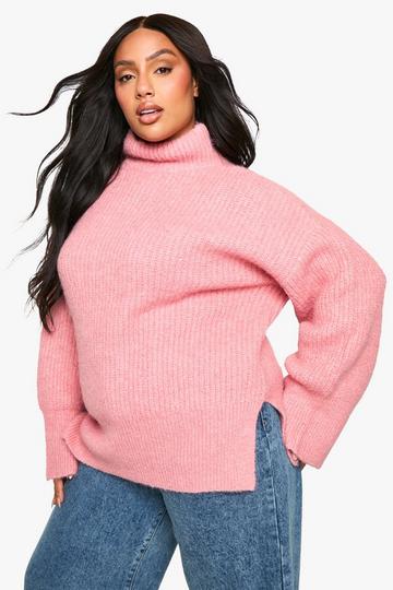 Plus Oversized High Neck Knitted Jumper pink