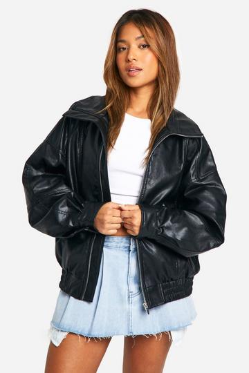 Petite Pu Seam Detail Oversized Bomber Jacket black