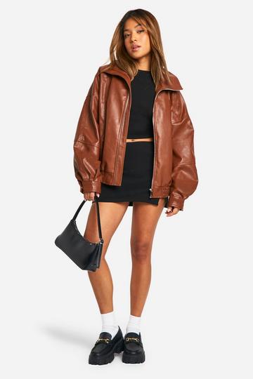 Tan Brown Petite Pu Seam Detail Oversized Bomber Jacket