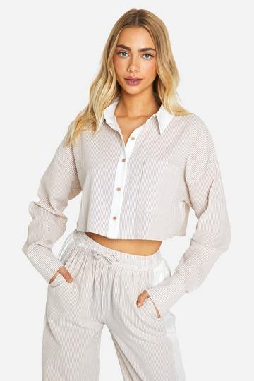 Korte Gekreukelde Gestreepte Boxy Blouse mocha