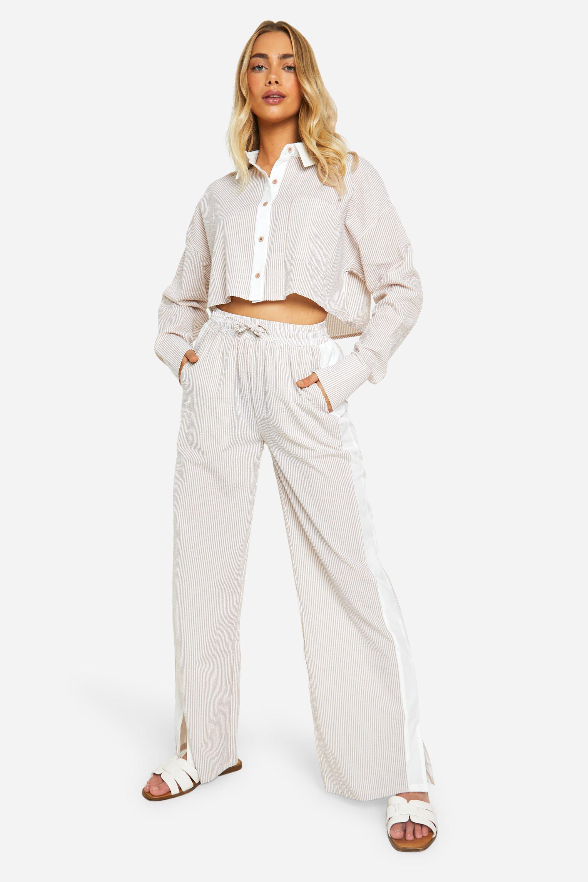 Crinkle Stripe Boxy Cropped Shirt | boohoo