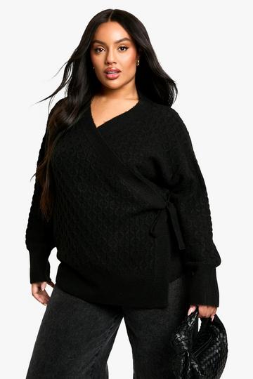 Black Plus Soft Cable Knitted Wrap Cardigan