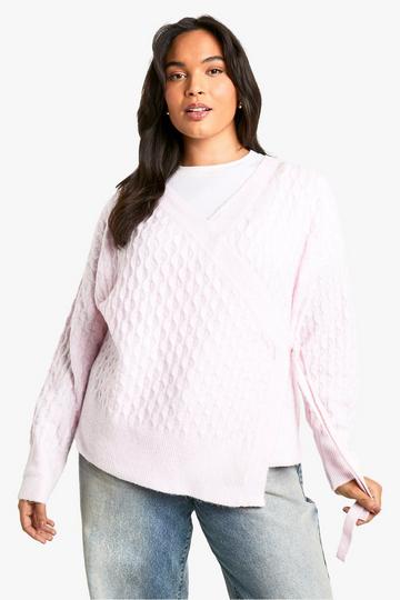 Plus Soft Cable Knitted Wrap Cardigan pink