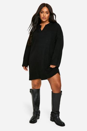 Plus Soft Knit Fine Gauge Polo Collar Jumper Dress black