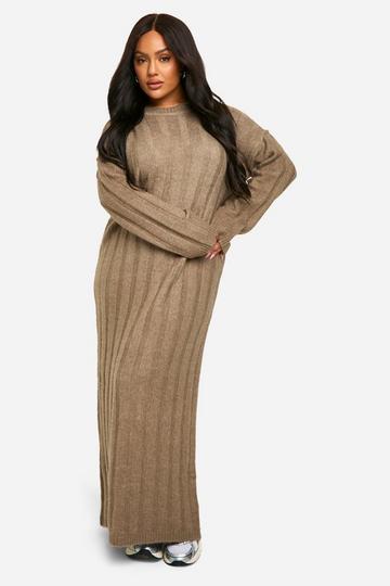 Plus Wide Soft Rib Knitted Maxi Dress mocha