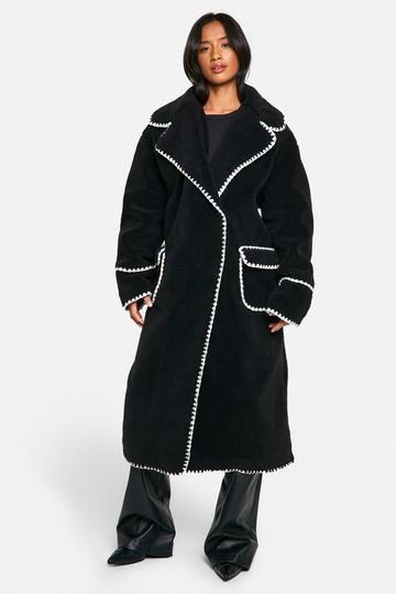 Black Petite Longline Blanket Stitch Teddy Jacket