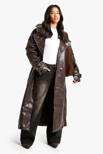 Petite Nepleren Long Line Krokodillen Trenchcoat wine