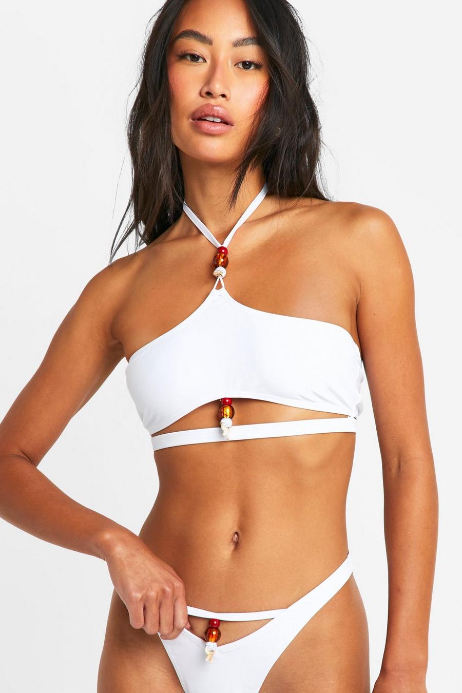 White Beaded Shell Trim Halter Bikini Top