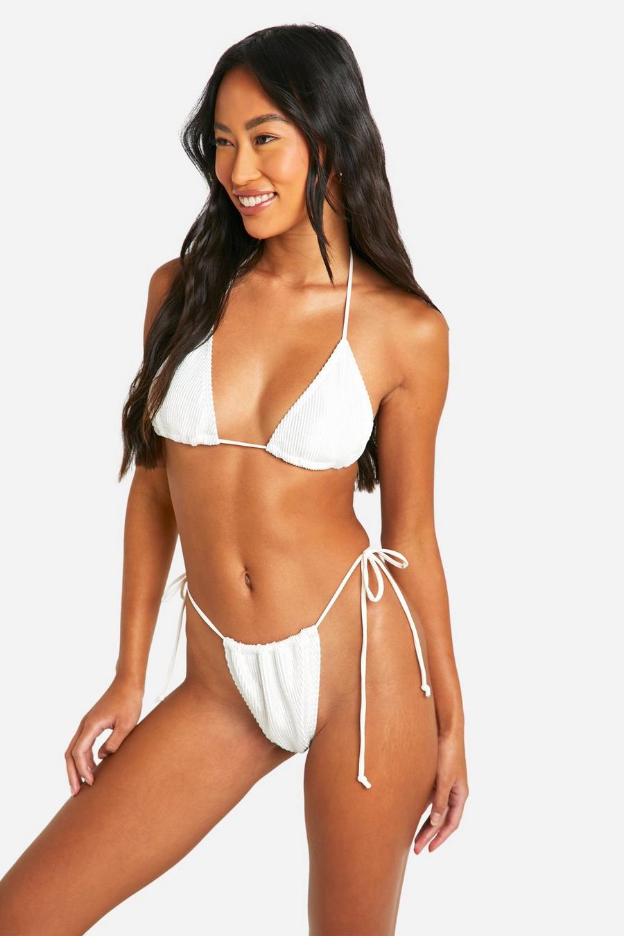 White Metallic Textured Rib Triangle Bikini Set image number 1