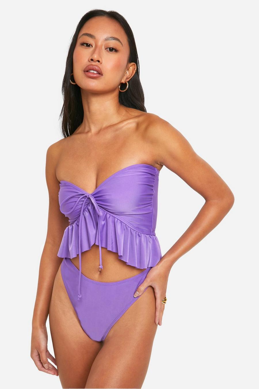 Purple Frill Longline Bandeau Hipster Bikini Set image number 1