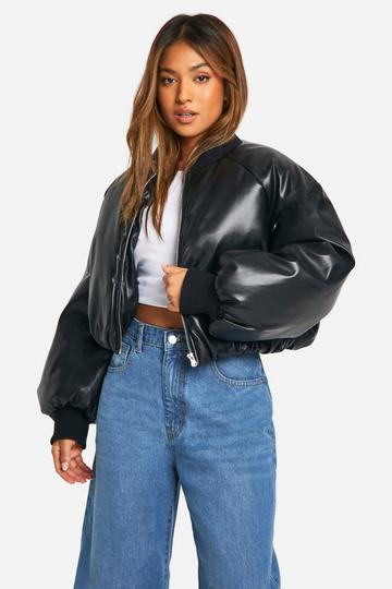 Petite Embossed Faux Leather Oversized Bomber Jacket black