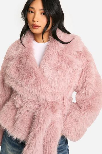 Pink Petite Belted Faux Fur Jacket