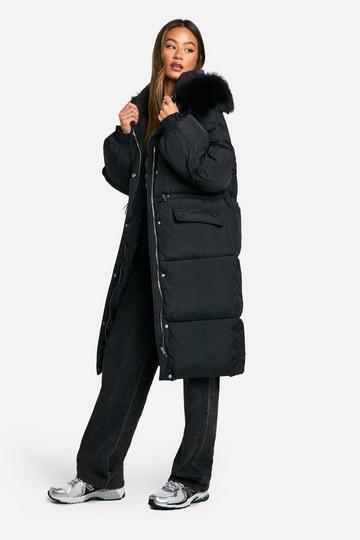 Tall Gewatteerde Parka Jas Met Faux Fur Capuchon black